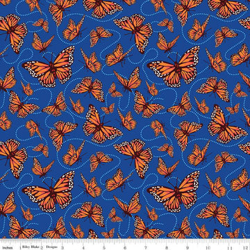 Image of the Friendship Florals Monarchs Royal quilting cotton fabric by Diane Labombarbe for Riley Blake Designs. Features butterflies scattered on a blue background.
Cute Little Fabric Shop