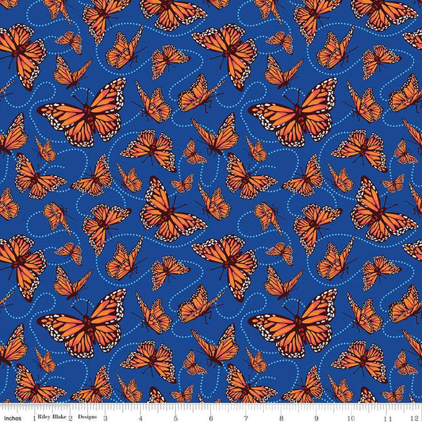 Image of the Friendship Florals Monarchs Royal quilting cotton fabric by Diane Labombarbe for Riley Blake Designs. Features butterflies scattered on a blue background.
Cute Little Fabric Shop