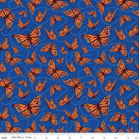 Image of the Friendship Florals Monarchs Royal quilting cotton fabric by Diane Labombarbe for Riley Blake Designs. Features butterflies scattered on a blue background.
Cute Little Fabric Shop