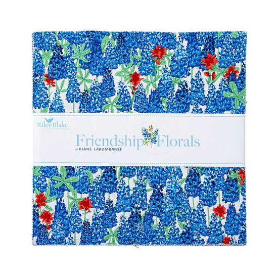 Image of the Friendship Florals 10 Inch Stacker by Diane Labombarbe for Riley Blake Designs. Features floral fabrics on blue, yellow, and green backgrounds. 
Cute Little Fabric Shop
