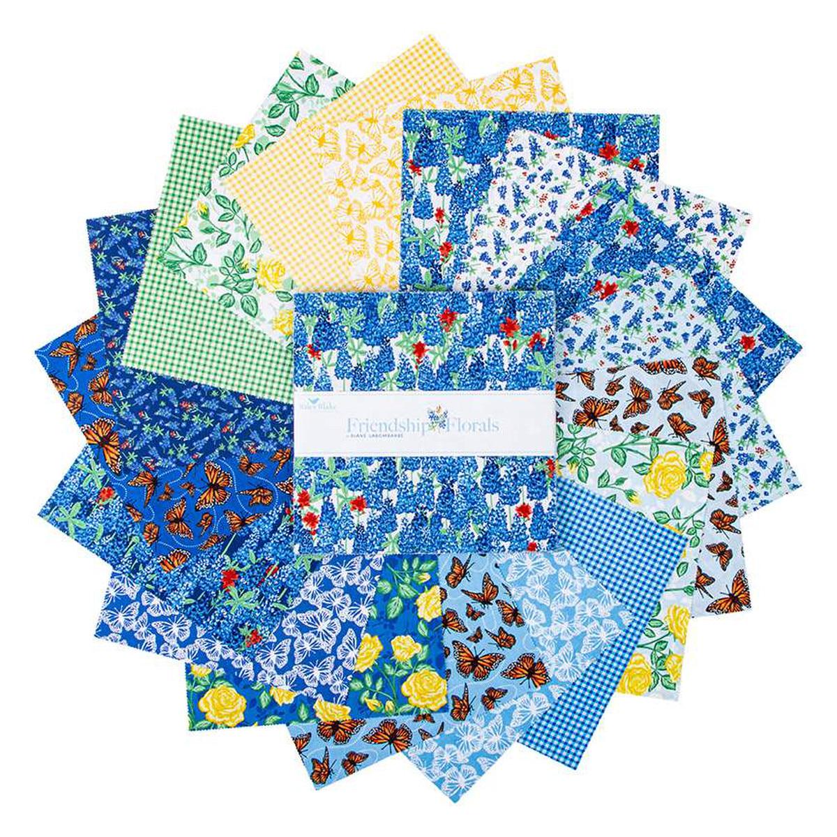 Image of the Friendship Florals 10 Inch Stacker by Diane Labombarbe for Riley Blake Designs. Features floral fabrics on blue, yellow, and green backgrounds. 
Cute Little Fabric Shop