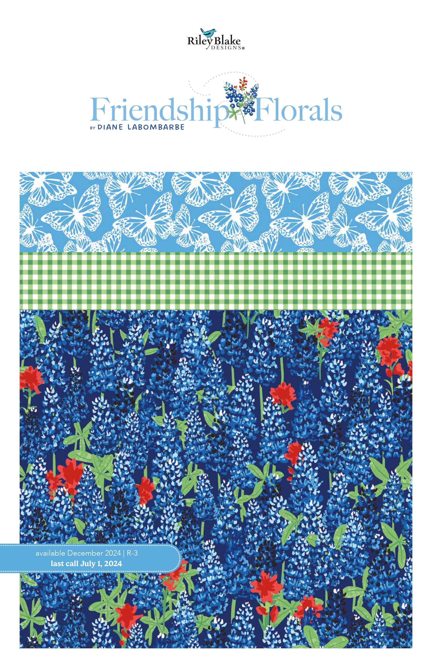 Image of the Friendship Florals Storyboard by Diane Labombarbe for Riley Blake Designs. Features floral fabrics on blue, yellow, and green backgrounds. 
Cute Little Fabric Shop