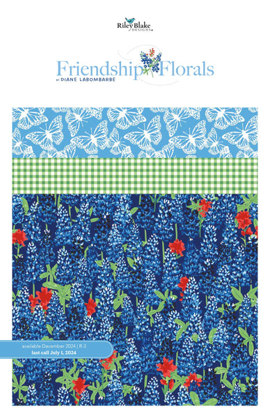 Image of the Friendship Florals Storyboard by Diane Labombarbe for Riley Blake Designs. Features floral fabrics on blue, yellow, and green backgrounds. 
Cute Little Fabric Shop