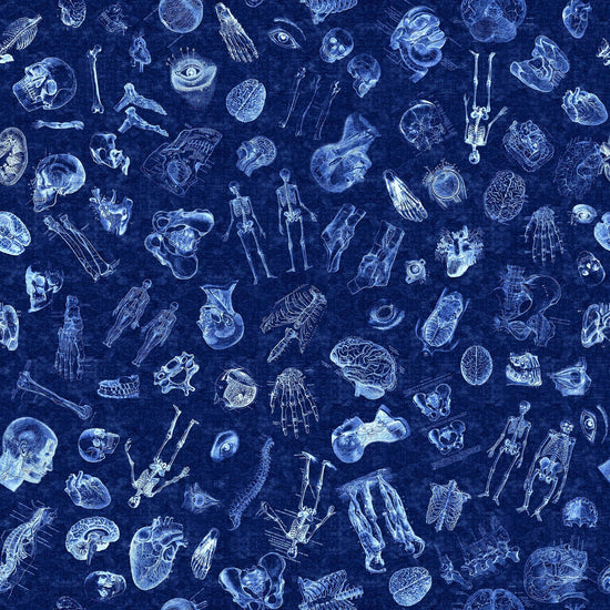 Image of the True Detective Anatomy Toss Navy quilting cotton fabrics by Morris Creative Group for QT Fabrics. Features scattered illustrations of anatomy on a blue background.
Cute Little Fabric Shop