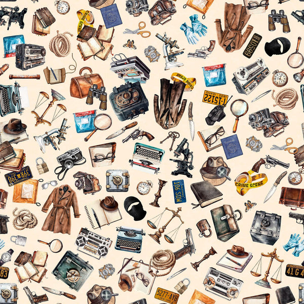 Image of the True Detective Everything Detective Cream quilting cotton fabrics by Morris Creative Group for QT Fabrics. Features scattered detective gear on a cream background.
Cute Little Fabric Shop