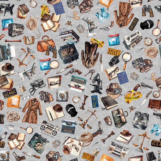 Image of the True Detective Everything Detective Gray quilting cotton fabrics by Morris Creative Group for QT Fabrics. Features scattered detective gear on a gray background.
Cute Little Fabric Shop