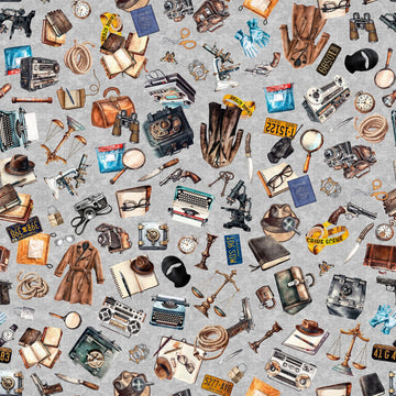 Image of the True Detective Everything Detective Gray quilting cotton fabrics by Morris Creative Group for QT Fabrics. Features scattered detective gear on a gray background.
Cute Little Fabric Shop