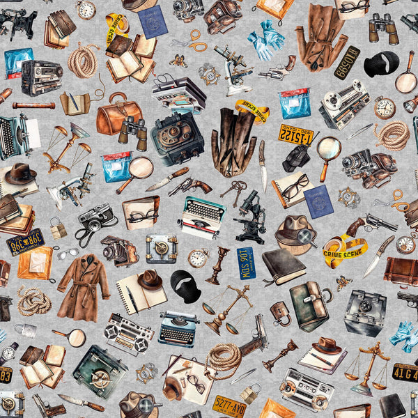 Image of the True Detective Everything Detective Gray quilting cotton fabrics by Morris Creative Group for QT Fabrics. Features scattered detective gear on a gray background.
Cute Little Fabric Shop