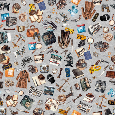 Image of the True Detective Everything Detective Gray quilting cotton fabrics by Morris Creative Group for QT Fabrics. Features scattered detective gear on a gray background.
Cute Little Fabric Shop