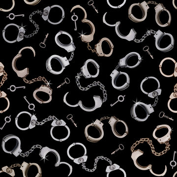 Image of the True Detective Hand Cuffs Black quilting cotton fabrics by Morris Creative Group for QT Fabrics. Features shiny handcuffs on a black background.
Cute Little Fabric Shop