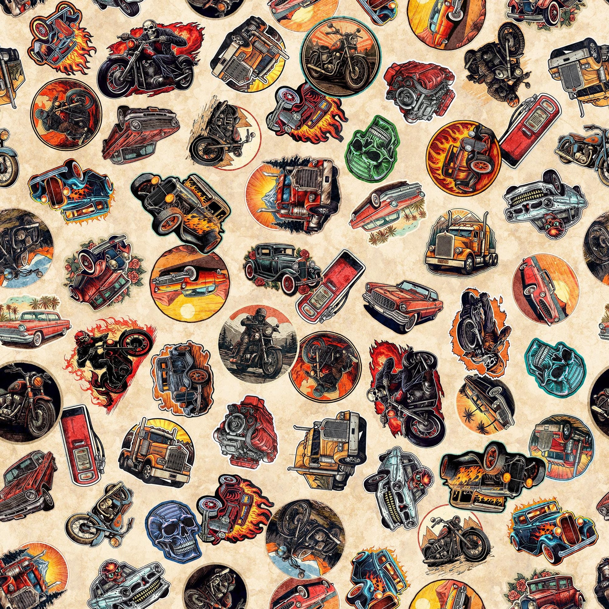 Image of the Heavy Metal Stickers Cream E quilting cotton fabric by Morris Creative Group for QT Fabrics. Features stickers of cars, motorcycles, and trucks on a cream background. 
Cute Little Fabric Shop
