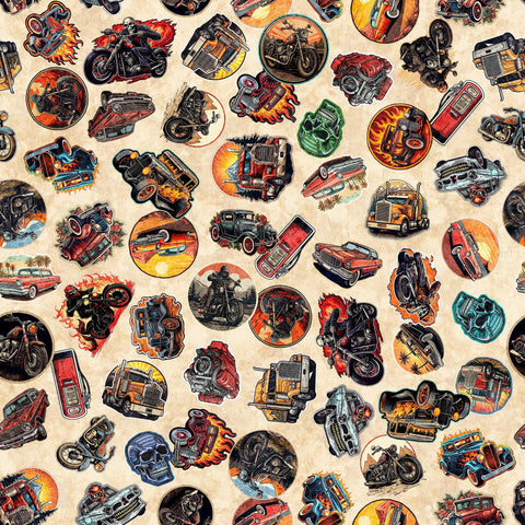 Image of the Heavy Metal Stickers Cream E quilting cotton fabric by Morris Creative Group for QT Fabrics. Features stickers of cars, motorcycles, and trucks on a cream background. 
Cute Little Fabric Shop