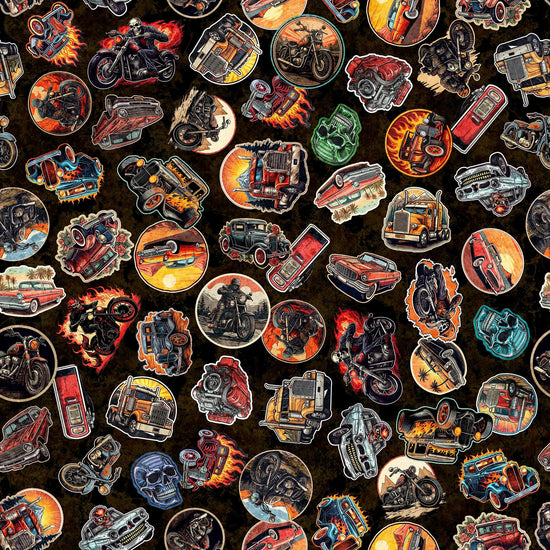 Image of the Heavy Metal Stickers Black J quilting cotton fabric by Morris Creative Group for QT Fabrics. Features stickers of cars, motorcycles, and trucks on a black background. 
Cute Little Fabric Shop