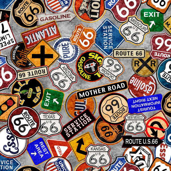 Image of the Heavy Metal Route 66 Toss Gray K quilting cotton fabric by Morris Creative Group for QT Fabrics. Features scattered road signs on a gray background. 
Cute Little Fabric Shop