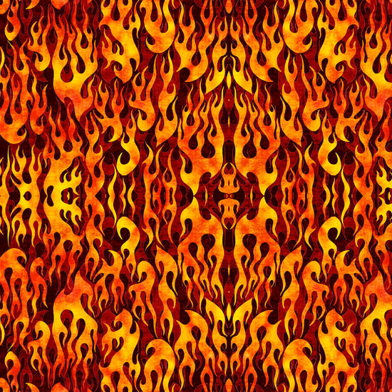 Image of the Heavy Metal Flame Brick M quilting cotton fabric by Morris Creative Group for QT Fabrics. Features fire flames on a red background. 
Cute Little Fabric Shop