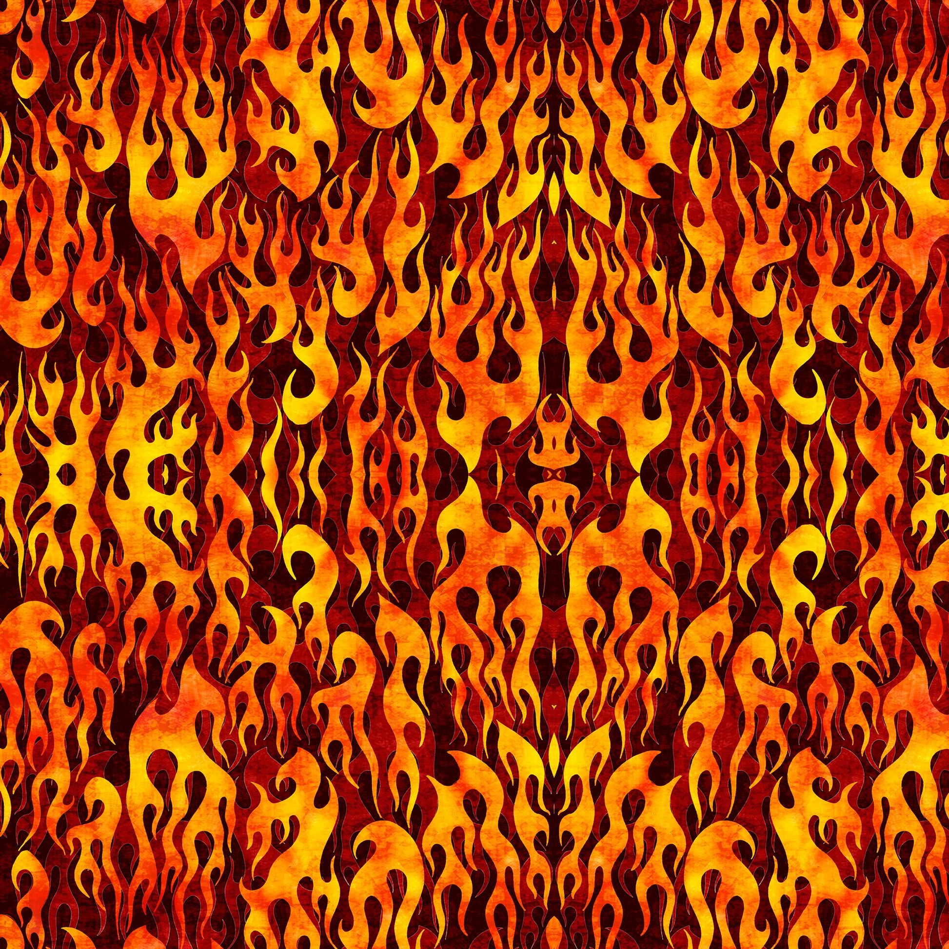 Image of the Heavy Metal Flame Brick M quilting cotton fabric by Morris Creative Group for QT Fabrics. Features fire flames on a red background. 
Cute Little Fabric Shop