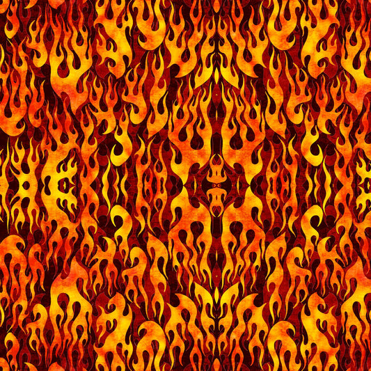 Image of the Heavy Metal Flame Brick M quilting cotton fabric by Morris Creative Group for QT Fabrics. Features fire flames on a red background. 
Cute Little Fabric Shop