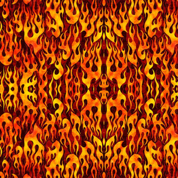 Image of the Heavy Metal Flame Brick M quilting cotton fabric by Morris Creative Group for QT Fabrics. Features fire flames on a red background. 
Cute Little Fabric Shop