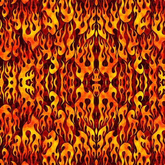 Image of the Heavy Metal Flame Brick M quilting cotton fabric by Morris Creative Group for QT Fabrics. Features fire flames on a red background. 
Cute Little Fabric Shop
