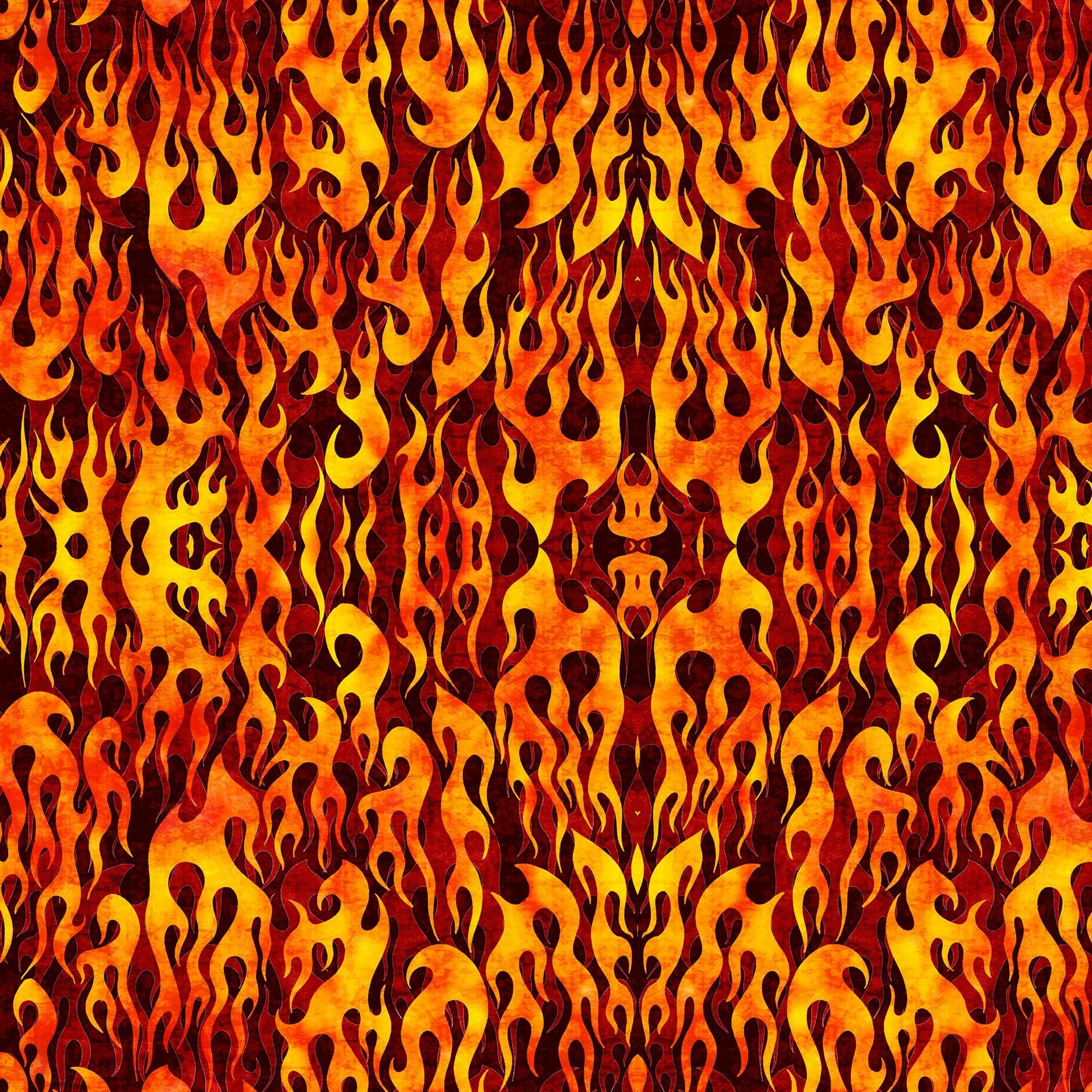 Image of the Heavy Metal Flame Brick M quilting cotton fabric by Morris Creative Group for QT Fabrics. Features fire flames on a red background. 
Cute Little Fabric Shop