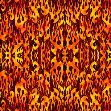 Image of the Heavy Metal Flame Brick M quilting cotton fabric by Morris Creative Group for QT Fabrics. Features fire flames on a red background. 
Cute Little Fabric Shop