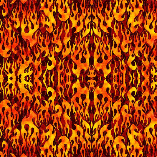 Image of the Heavy Metal Flame Brick M quilting cotton fabric by Morris Creative Group for QT Fabrics. Features fire flames on a red background. 
Cute Little Fabric Shop