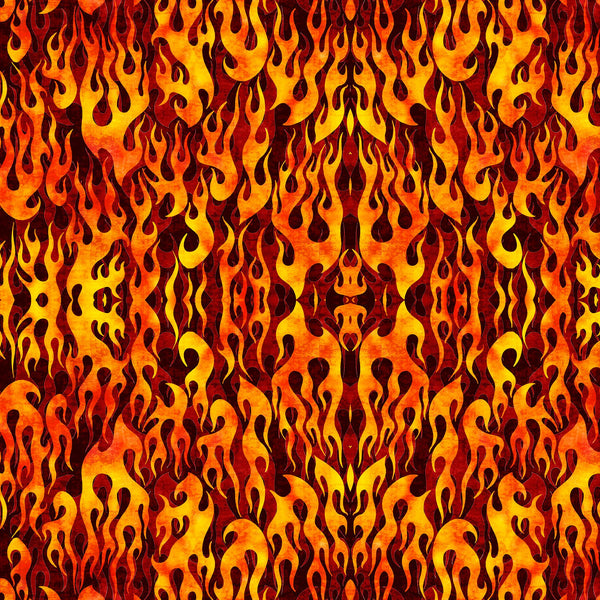 Image of the Heavy Metal Flame Brick M quilting cotton fabric by Morris Creative Group for QT Fabrics. Features fire flames on a red background. 
Cute Little Fabric Shop