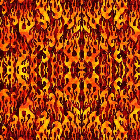 Image of the Heavy Metal Flame Brick M quilting cotton fabric by Morris Creative Group for QT Fabrics. Features fire flames on a red background. 
Cute Little Fabric Shop