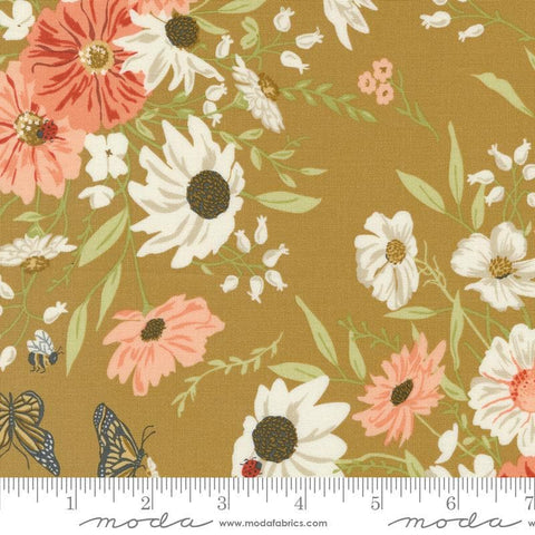 Image of the Farmstead  Main Haystack quilting cotton fabric by Stacy Iest Hsu for Moda Fabrics. Features large flowers and blossoms on a olive yellow background. 
Cute Little Fabric Shop