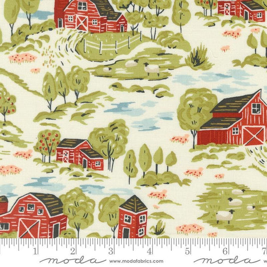Image of the Farmstead Landscape Porcelain quilting cotton fabric by Stacy Iest Hsu for Moda Fabrics. Features a farm landscape scene on a cream background. 
Cute Little Fabric Shop