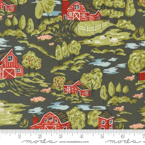 Image of the Farmstead Landscape Charcoal quilting cotton fabric by Stacy Iest Hsu for Moda Fabrics. Features a farm landscape scene on a dark gray background. 
Cute Little Fabric Shop