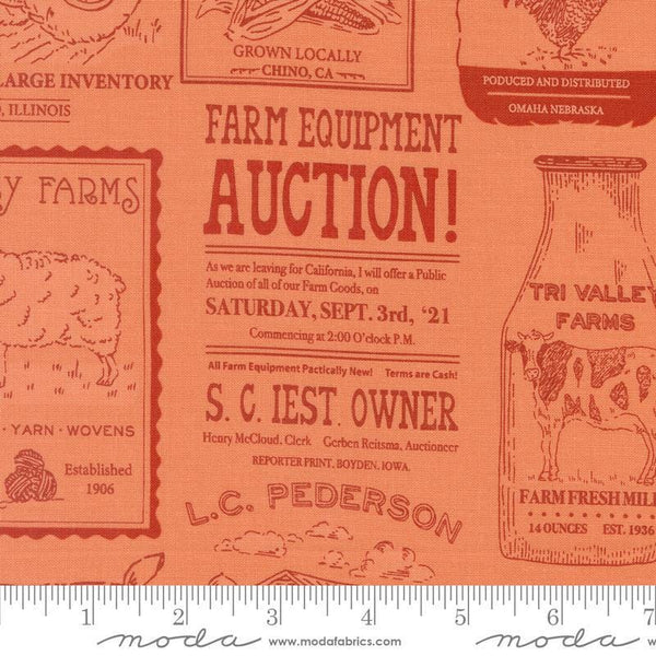 Image of the Farmstead Advertisements Coral quilting cotton fabric by Stacy Iest Hsu for Moda Fabrics. Features novelty farm advertisements on a coral background. 
Cute Little Fabric Shop