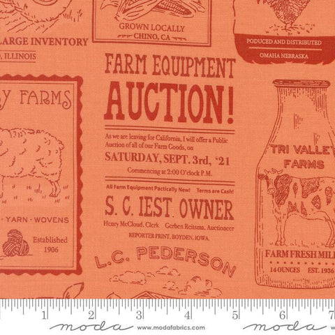 Image of the Farmstead Advertisements Coral quilting cotton fabric by Stacy Iest Hsu for Moda Fabrics. Features novelty farm advertisements on a coral background. 
Cute Little Fabric Shop