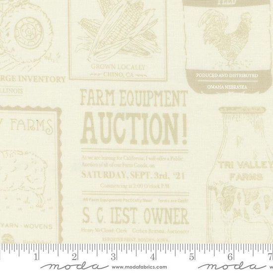 Image of the Farmstead Advertisements Tonal Porcelain quilting cotton fabric by Stacy Iest Hsu for Moda Fabrics. Features novelty farm advertisements on a cream background. 
Cute Little Fabric Shop