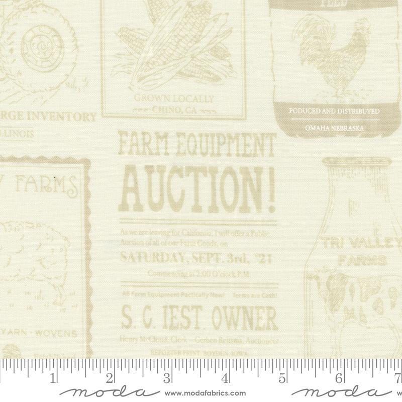 Image of the Farmstead Advertisements Tonal Porcelain quilting cotton fabric by Stacy Iest Hsu for Moda Fabrics. Features novelty farm advertisements on a cream background. 
Cute Little Fabric Shop