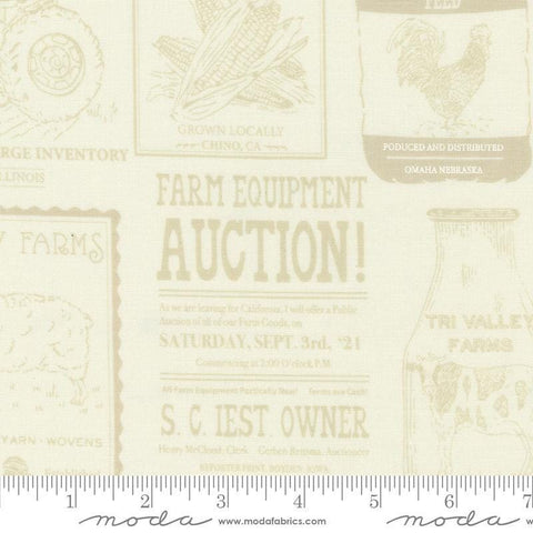 Image of the Farmstead Advertisements Tonal Porcelain quilting cotton fabric by Stacy Iest Hsu for Moda Fabrics. Features novelty farm advertisements on a cream background. 
Cute Little Fabric Shop