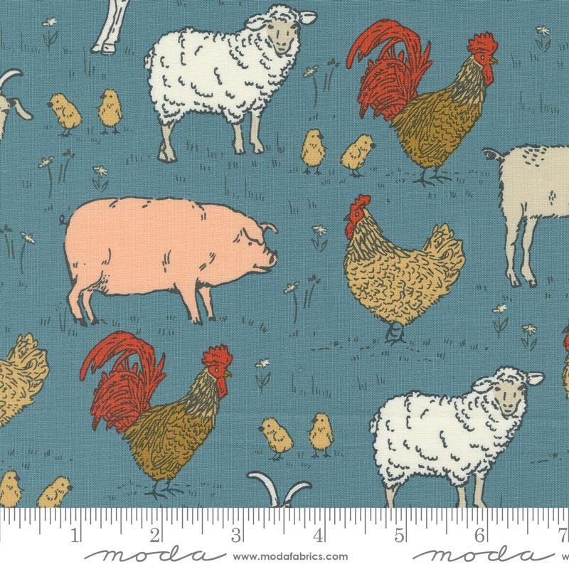 Image of the Farmstead Animals Overalls quilting cotton fabric by Stacy Iest Hsu for Moda Fabrics. Features novelty farm animals on a dusty blue background. 
Cute Little Fabric Shop