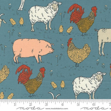 Image of the Farmstead Animals Overalls quilting cotton fabric by Stacy Iest Hsu for Moda Fabrics. Features novelty farm animals on a dusty blue background. 
Cute Little Fabric Shop