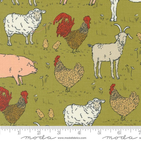 Image of the Farmstead Animals Meadowl quilting cotton fabric by Stacy Iest Hsu for Moda Fabrics. Features novelty farm animals on a green olive background. 
Cute Little Fabric Shop