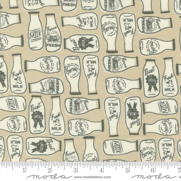 Image of the Farmstead Milk Linen quilting cotton fabric by Stacy Iest Hsu for Moda Fabrics. Features bottles of milk on a beige background. 
Cute Little Fabric Shop