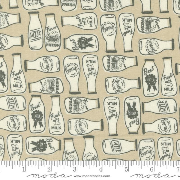 Image of the Farmstead Milk Linen quilting cotton fabric by Stacy Iest Hsu for Moda Fabrics. Features bottles of milk on a beige background. 
Cute Little Fabric Shop