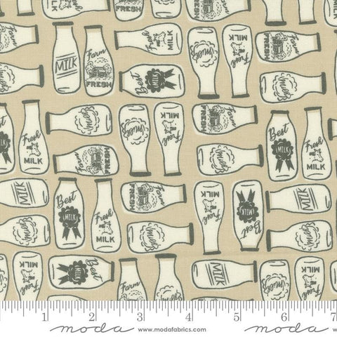Image of the Farmstead Milk Linen quilting cotton fabric by Stacy Iest Hsu for Moda Fabrics. Features bottles of milk on a beige background. 
Cute Little Fabric Shop