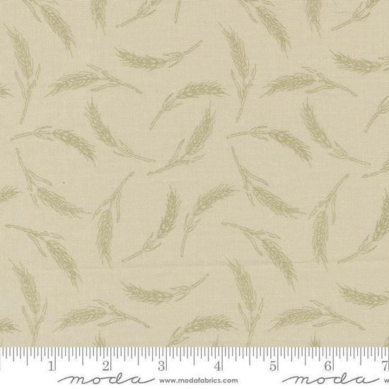 Image of the Farmstead Wheat Linen quilting cotton fabric by Stacy Iest Hsu for Moda Fabrics. Features small pieces of wheat on a beige background. 
Cute Little Fabric Shop