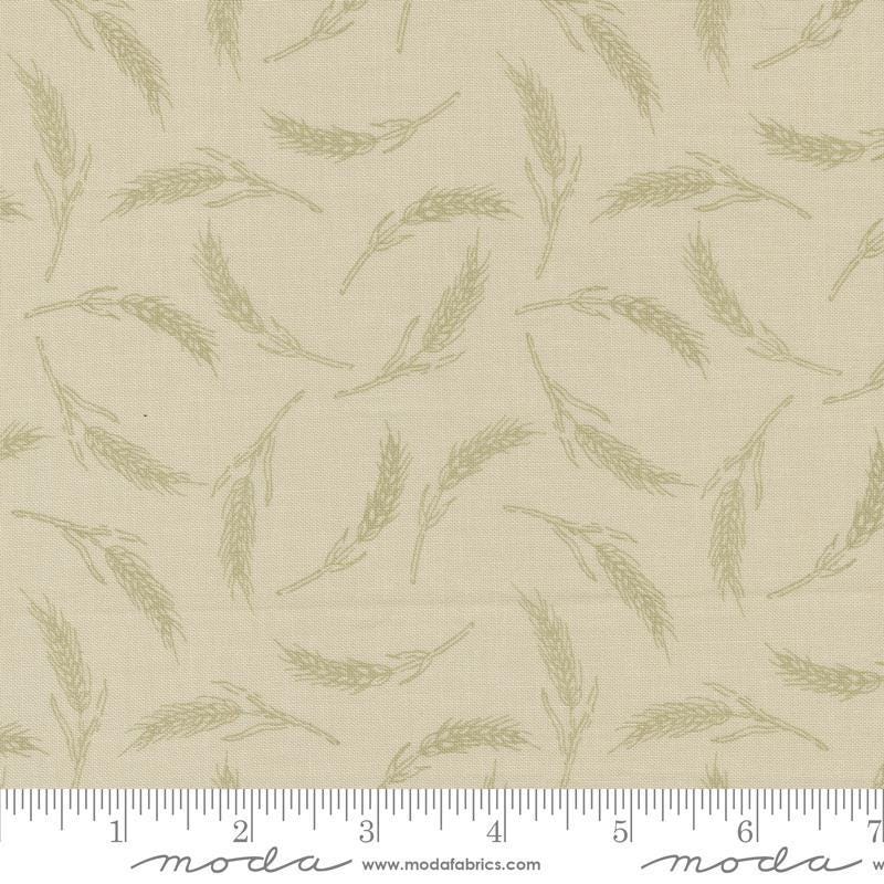 Image of the Farmstead Wheat Linen quilting cotton fabric by Stacy Iest Hsu for Moda Fabrics. Features small pieces of wheat on a beige background. 
Cute Little Fabric Shop