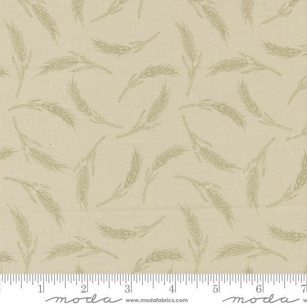 Image of the Farmstead Wheat Linen quilting cotton fabric by Stacy Iest Hsu for Moda Fabrics. Features small pieces of wheat on a beige background. 
Cute Little Fabric Shop