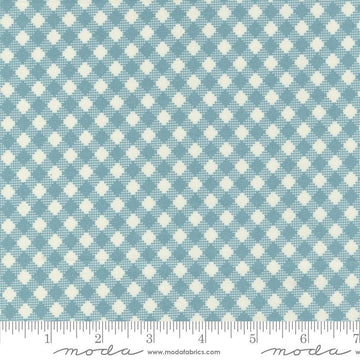 Image of the Farmstead Gingham Mountain Stream quilting cotton fabric by Stacy Iest Hsu for Moda Fabrics. Features printed diagonal gingham on a denim blue background. 
Cute Little Fabric Shop