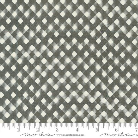 Image of the Farmstead Gingham Charcoal quilting cotton fabric by Stacy Iest Hsu for Moda Fabrics. Features printed diagonal gingham on a gray background. 
Cute Little Fabric Shop