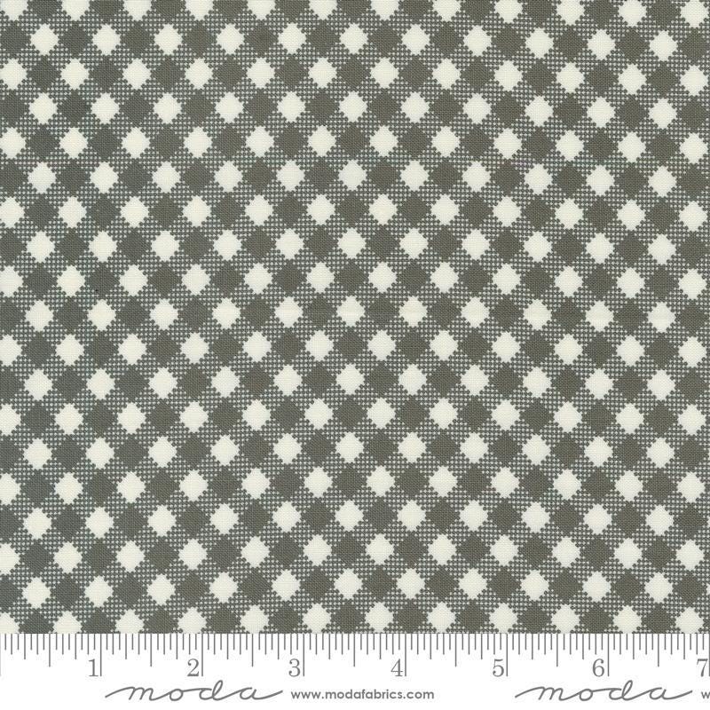 Image of the Farmstead Gingham Charcoal quilting cotton fabric by Stacy Iest Hsu for Moda Fabrics. Features printed diagonal gingham on a gray background. 
Cute Little Fabric Shop