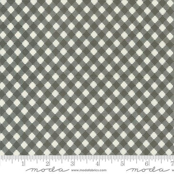 Image of the Farmstead Gingham Charcoal quilting cotton fabric by Stacy Iest Hsu for Moda Fabrics. Features printed diagonal gingham on a gray background. 
Cute Little Fabric Shop