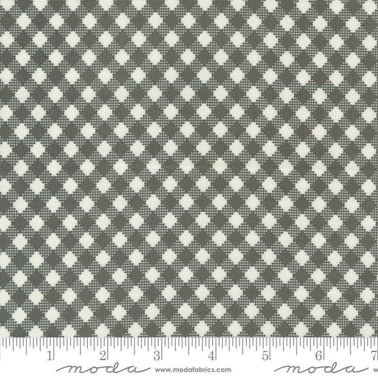 Image of the Farmstead Gingham Charcoal quilting cotton fabric by Stacy Iest Hsu for Moda Fabrics. Features printed diagonal gingham on a gray background. 
Cute Little Fabric Shop